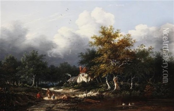 Travellers Passing A Cottage In A Wooded Landscape Oil Painting - Edward Williams