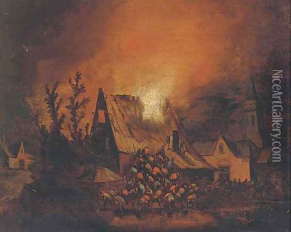 A village on fire at night Oil Painting - Egbert van der Poel
