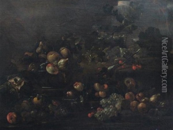 Still Life Of Fruit And A Glass Bowl On A Ledge Oil Painting - Giovanni Battista Ruoppolo