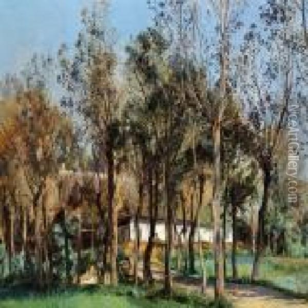 Old Farmhouse Behindtrees Oil Painting - Janus Andreas La Cour