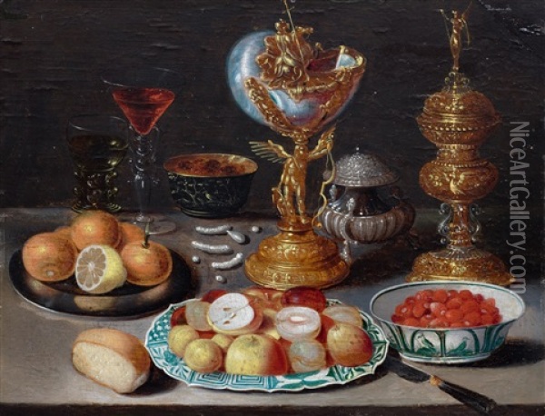 Lavish Still Life With Fruits On A Porcelain And Pewter Plate, With Sweetmeats, Bread, Nautilus Cup, Rummer And A Facon-de-venise Glass With Wine On A Table Top Oil Painting - Osias Beert the Elder