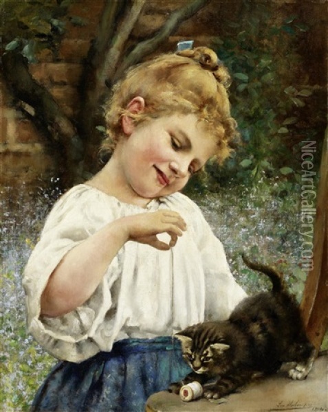 Mit Einem Katzchen Spielendes Madchen Oil Painting - Leo A. Malempre