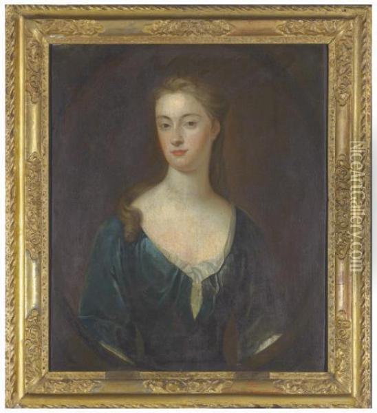 Portrait Of A Lady Identified As Mary Magdalen Myre, Half-length, In A Blue Dress, In A Painted Oval Oil Painting - Charles d' Agar