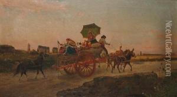 Figures On A Haycart In A Roman Compagna. Oil Painting - Pietro Barucci