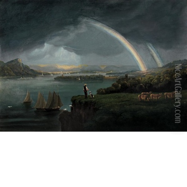 Rainbow Over The Hudson With High Tor And Croton Point In The Distance Oil Painting - Robert Havell Jr.