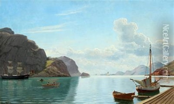 Norwegian Inlet With Boats On Calm Water Oil Painting - Christian Blache