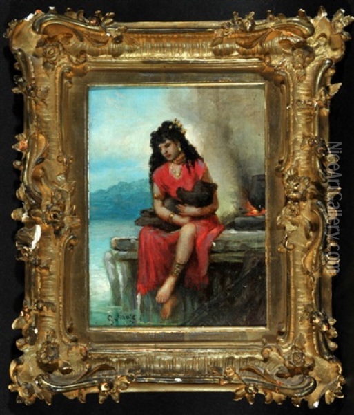 Am Ufersteg Sitzende Sudlanderin Oil Painting - Gabriel von Max
