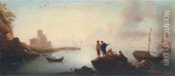 A Mediterranean Harbour Scene 
With Fishermen; And A Man O'warfiring A Salute In The Distance Oil Painting - Adriaen Van Der Kabel
