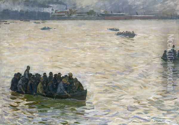 Shipyard Workers Returning Home on the Elbe Oil Painting - Leopold Karl Walter von Kalckreuth