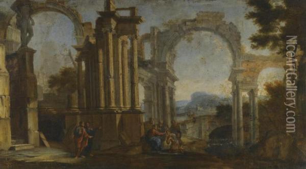 A Fluvial Architectural Capriccio With Christ Healing The Blind Man Oil Painting - Giovanni Niccolo Servandoni