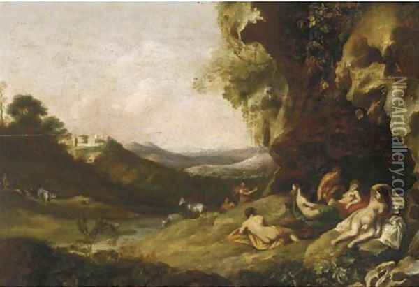 A classical landscape with nymphs and satyrs in a grotto Oil Painting - Bartholomeus Breenbergh