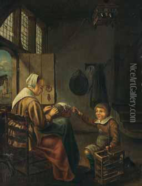 Bub Und Magd Beim Kloppeln In Einer Stube. Oil Painting - Pieter Bliek