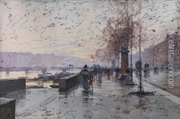vue Des Quais De Seine Oil Painting - Eugene Galien-Laloue