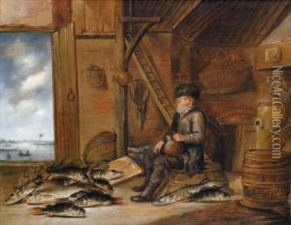 Un Pescatore Nella Suacapanna 
Con Un Boccale Di Birra; Dalla Porta Aperta S