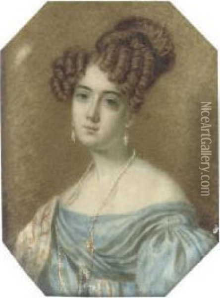 Charlotte Trotter, In Off-the-shoulder Blue Dress, A Patterned Stole Over Her Shoulder, Her Hair Dressed In Ringlets And Topknot Oil Painting - William John Thompson