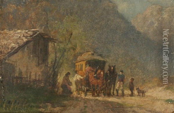 Rastende Kutsche Vor Einem Bauernhaus Im Gebirge Oil Painting - Otto Fedder