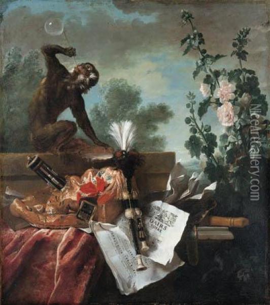An Allegory Of Air: A Musical 
Still Life With A Monkey Blowingbubbles, A Musette, A Flute And Musical 
Scores. Oil Painting - Jean-Baptiste Oudry