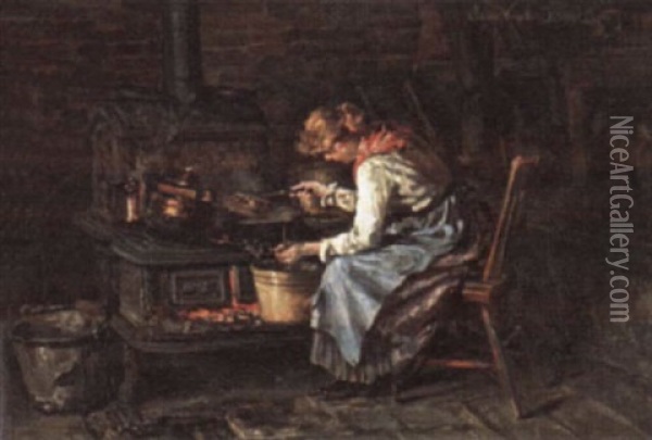 Kitchen Interior With Woman Preparing A Meal Oil Painting - Clemens Van Den Broeck