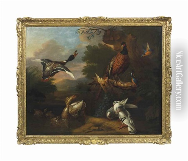 A Pheasant, Pigeons, Ducklings, And Kingfishers With A Mallard Taking Flight At A Wooded Pool, A Landscape Beyond Oil Painting - Tobias Stranovius