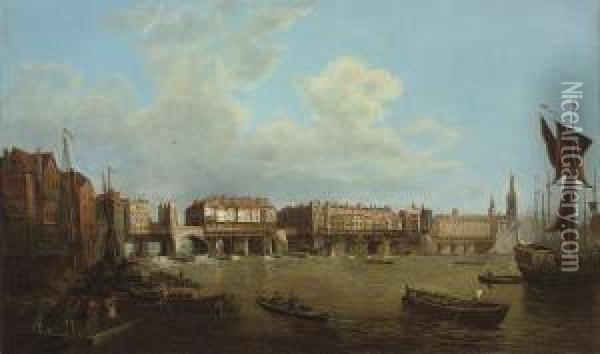 An Extensive View Of The Thames 
And The City Of London With Old London Bridge From The East, The Church 
Of St. Magnus And The Monument Beyond Oil Painting - Samuel Scott