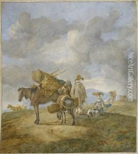 Hirtenpaar Mit Bepackten Pferden,
 Einem Esel Und Vieh. Oil Painting - Willem Romeyn