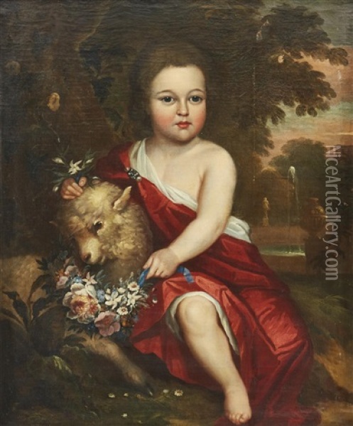 Portrait Of A Child With A Lamb In A Palace Garden Oil Painting - Godfrey Kneller