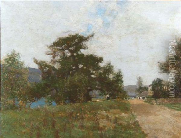 A Pastoral Scene With Lady 
Seated Upon A Fence By A Pathway With Mountains In The Distance Oil Painting - George Houston