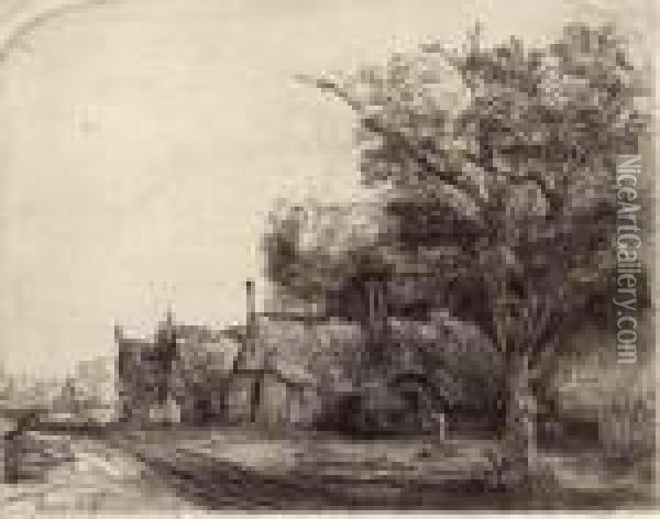 Landscape With Three Gabled Cottages Beside A Road Oil Painting - Rembrandt Van Rijn