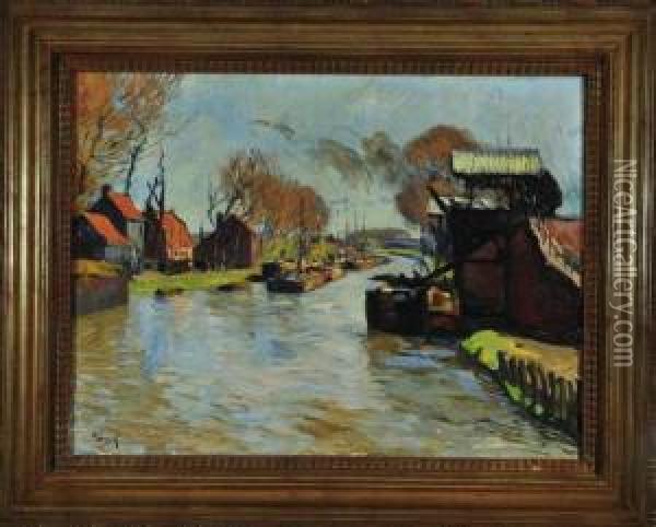 Vorfruhling Am Kanal Mit Kahnen Und Hausern Am Ufer Oil Painting - Hans von Hayek