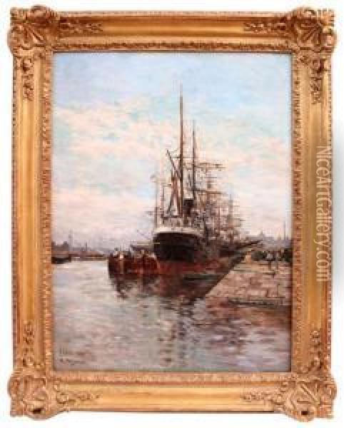 Tall Ships In A Harbour Oil Painting - Edmond Marie Petitjean