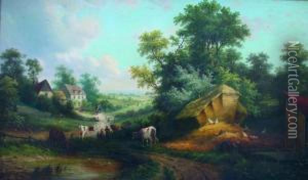 A Country Scene With Figures And Animals By A Farm Oil Painting - David Payne
