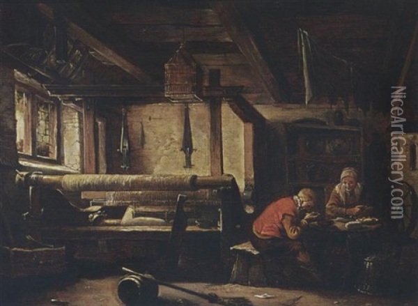 A Weaver's Workshop With A Couple Eating At A Table Oil Painting - Cornelis Gerritsz Decker