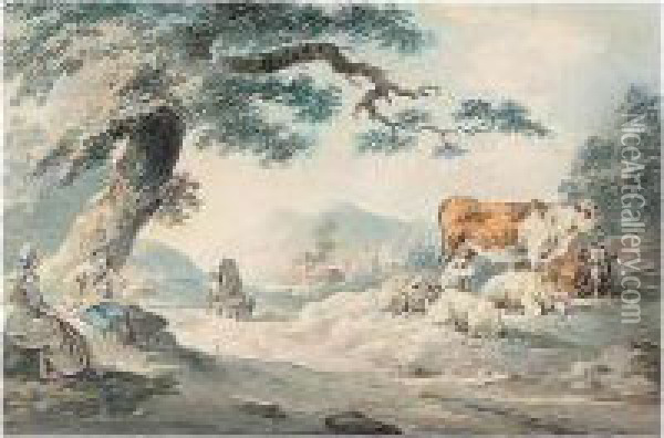 Figures By A Roadside With Sheep And Cattle Oil Painting - Peter La Cave
