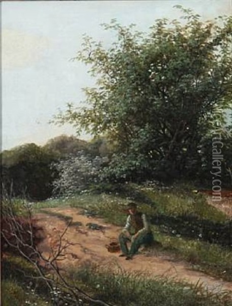A Wanderer Resting On A Forest Road Oil Painting - David Monies