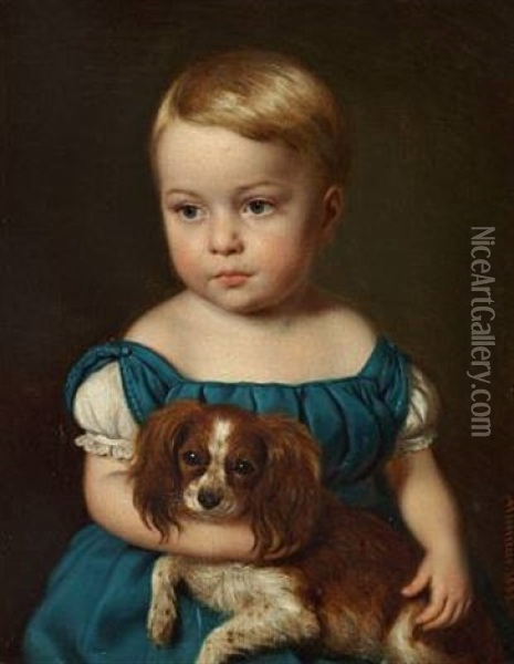 A Little Girl With Her Dog Oil Painting - Andreas Hunaeus