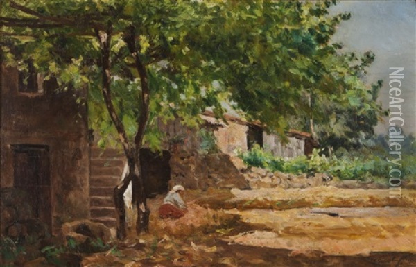 Landscape With Houses And Figure Oil Painting - Antonio Ezequiel Pereira