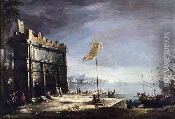 Capriccio of a Port Scene with a Classical Arch 1720s Oil Painting - Antonio Stom