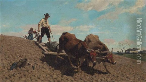 Oxen Ploughing Oil Painting - Stefano Bruzzi