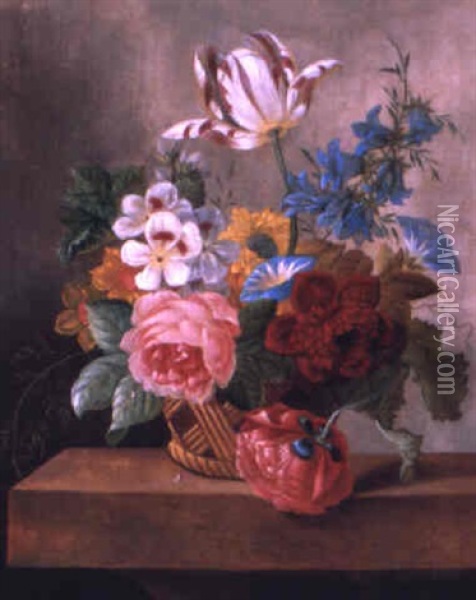 Still Life With Roses And Other Flowers In A Basket Oil Painting - Cornelis De Bruyn