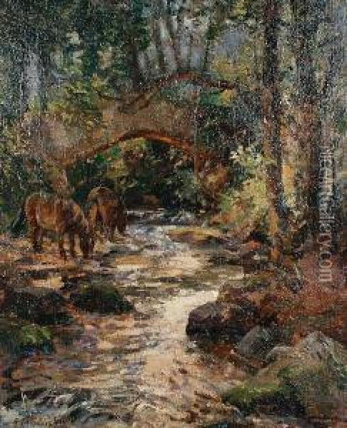 Packhorse Bridge On The Horner Water,exmoor Oil Painting - Alexander Carruthers Gould