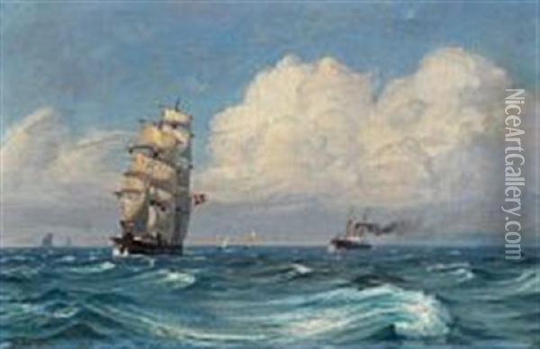 Seascape With A Sailing Ship And A Steamboat Oil Painting - Vilhelm Karl Ferdinand Arnesen