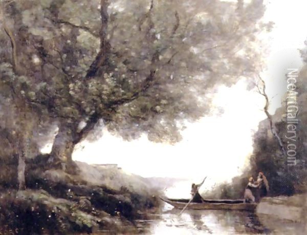 Les Paysannes Montant Dans La Barque Du Passeur Oil Painting - Jean-Baptiste-Camille Corot