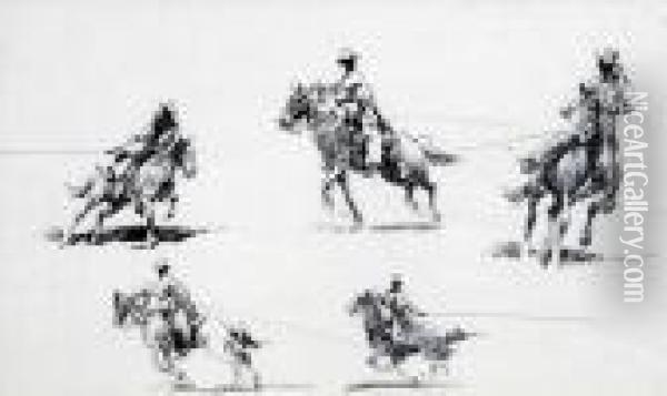 Five Mounted Riders Oil Painting - John Edward Borein