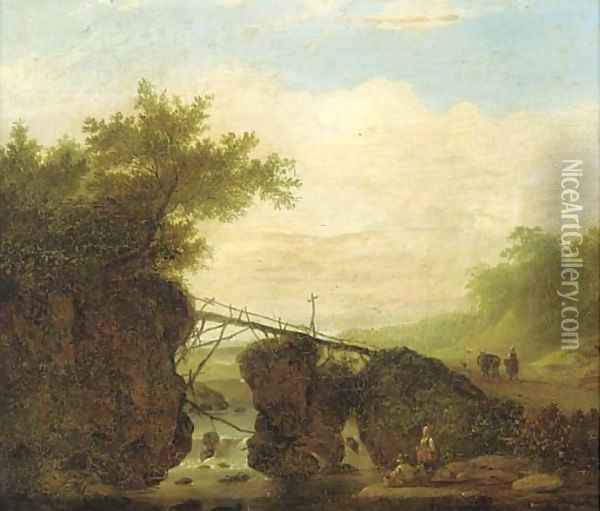 A landscape with a bridge over a waterfall and figures on a path Oil Painting - Jan Looten