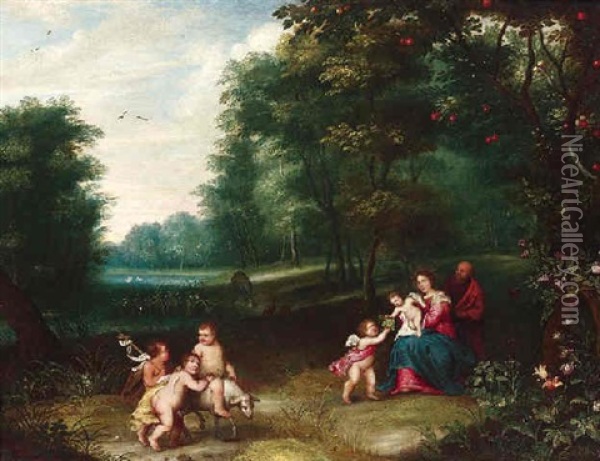 Das Goldene Zeitalter. Heilige Familie Mit Christus Und Johannes In Landschaft Oil Painting - Balthasar Beschey