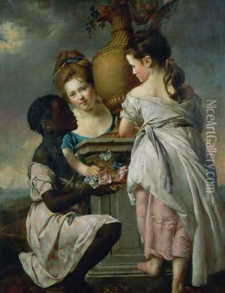 A Conversation between Girls, or Two Girls with their Black Servant, 1770 Oil Painting - Josepf Wright Of Derby