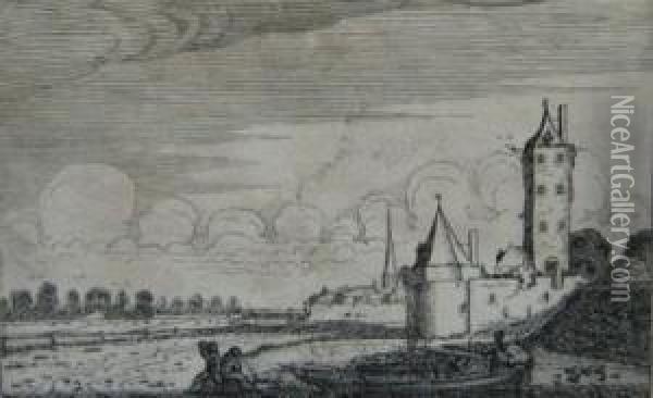Boat On A Ditch Near A Fortified Castle Oil Painting - Jan Jansz. Van De Velde