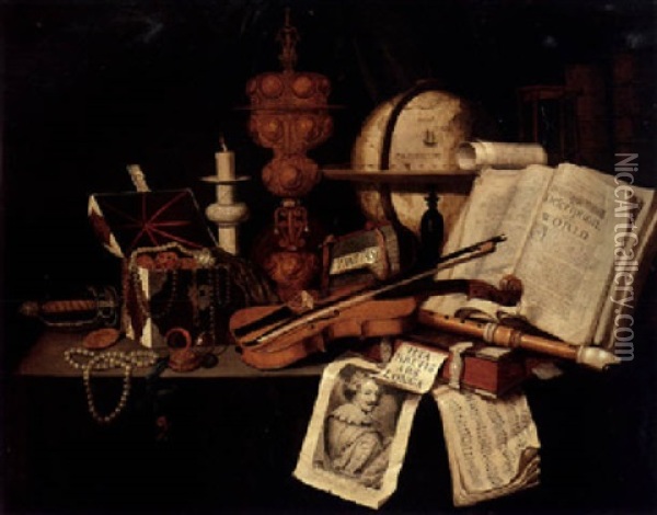 A Vanitas Still Life With A Candlestick, Musical Instruments, Books, An Open Jewelry Casket And Other Objects On A Table Oil Painting - Edward Collier