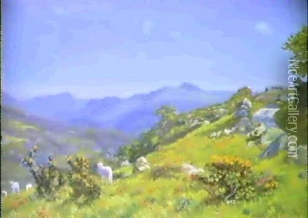 A Hilly Landscape Oil Painting - Arthur Hughes