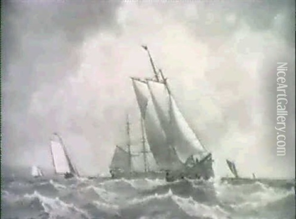 Sailing Vessels In A Stiff Breeze Oil Painting - Thomas Clarkson Oliver